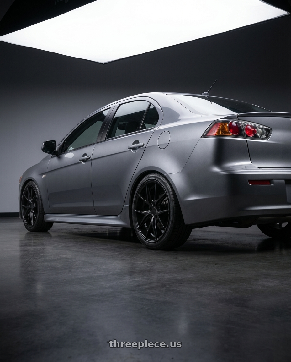 2014 Mitsubishi Lancer Ralliart with Niche 1PC M117 MISANO 5X114.3 18X8 +42 MATTE BLACK wheels rear three quarter view square tires