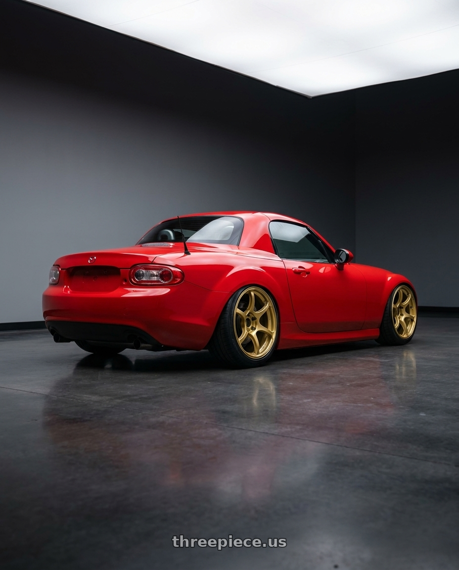2012 Mazda MX-5 Miata NC with Advan RGIII 5x114.3 17x8.5+31 Gold wheels rear three quarter view slight stretch tires