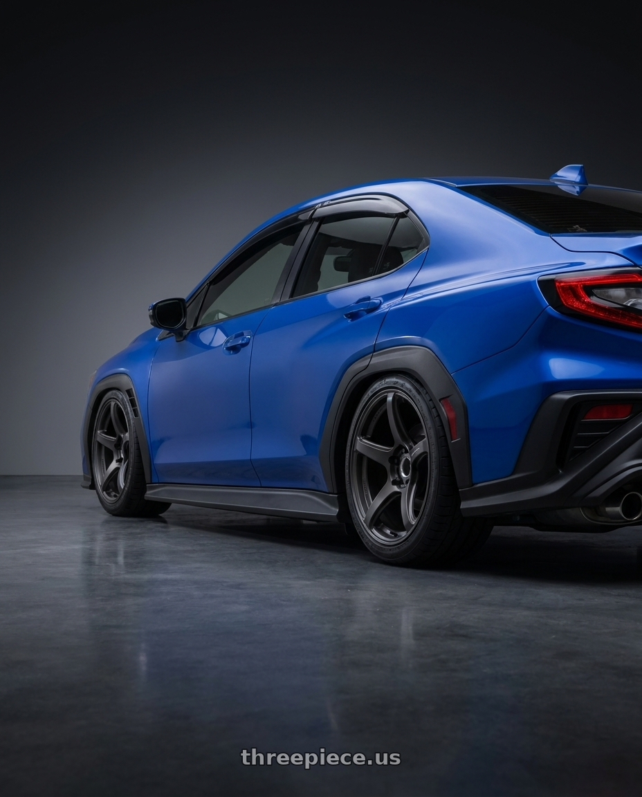 2023 subaru wrx with Work Emotion T5r 5x114.3 18x9.5 +30 Matte Graphite wheels rear three quarter view square tires