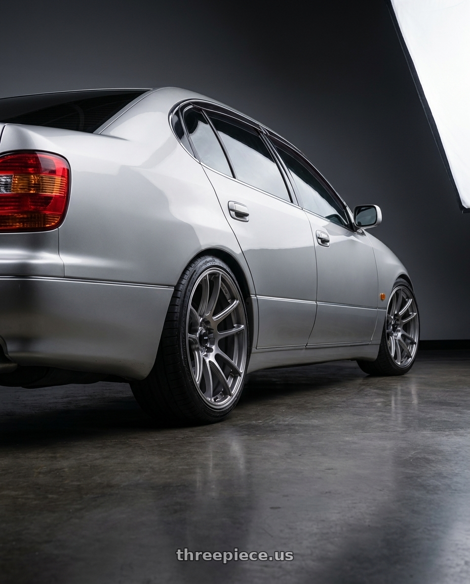 2001  Lexus gs300 with Konig Heliogram 5X114.3 19x9.5+25 Titanium Metallic Knurled Bead Flow Formed wheels rear three quarter view square tires