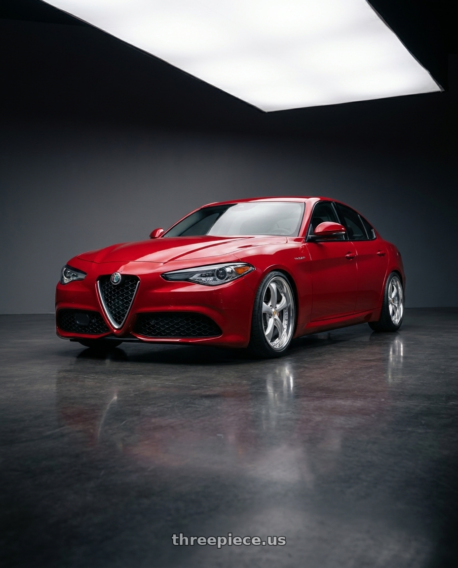 2023 Alfa Romeo Giulia Veloce with Work Wheels VS-KF 5x110 19x8+28 Light Grey Silver A Disk FULL REVERSE wheels front three quarter view lowered stance