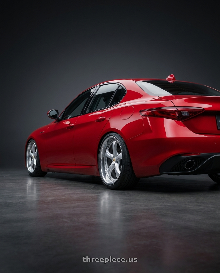 2023 Alfa Romeo Giulia Veloce with Work Wheels VS-KF 5x110 19x8+28 Light Grey Silver A Disk FULL REVERSE wheels rear three quarter view slight stretch tires