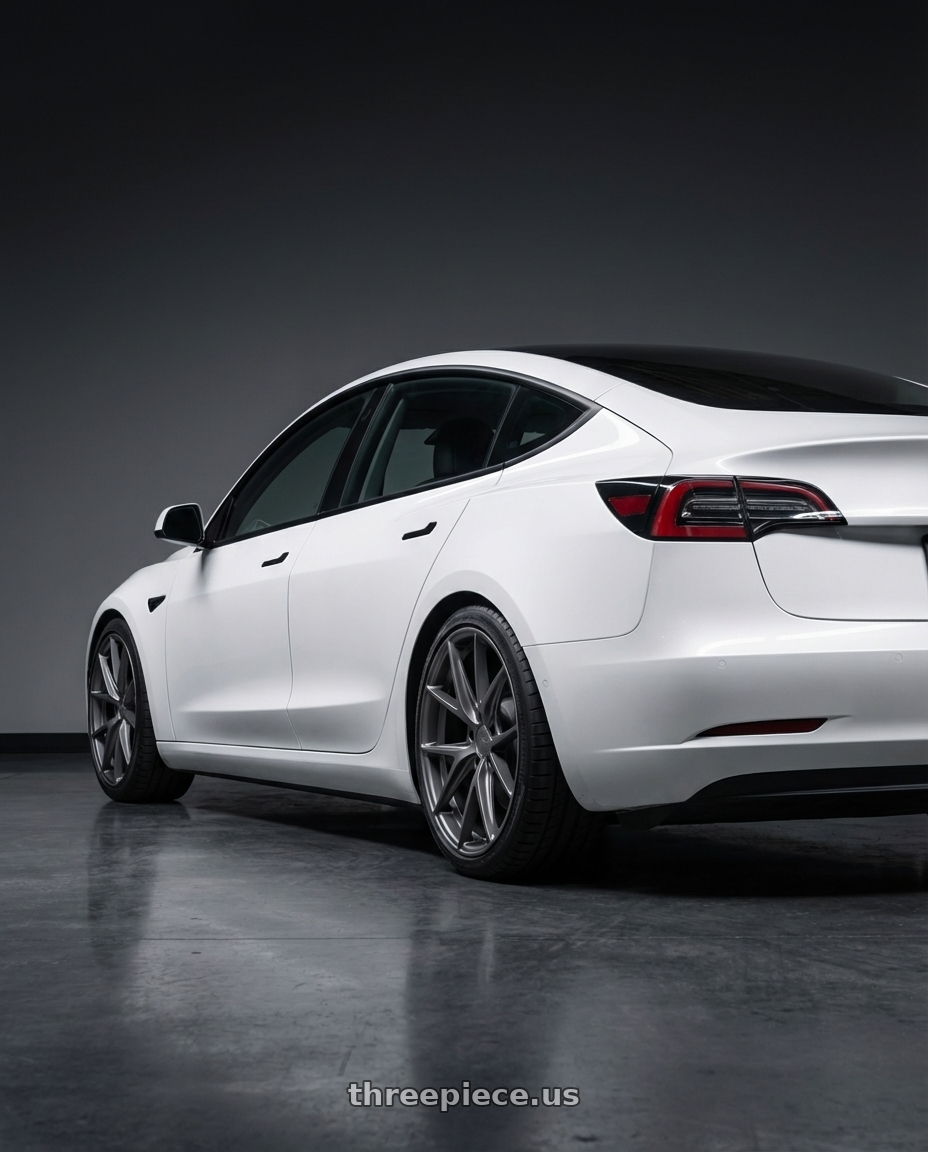 2023 Tesla Model 3 with Niche 1PC M116 MISANO 5X114.3 19X8.5 +33 MATTE GUN METAL wheels rear three quarter view square tires