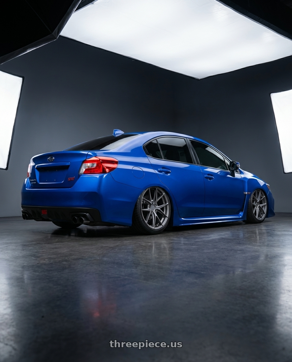 2018 Subaru WRX STI with Niche 1PC M116 MISANO 5X114.3 18X8 +40 MATTE GUN METAL wheels rear three quarter view slight stretch tires