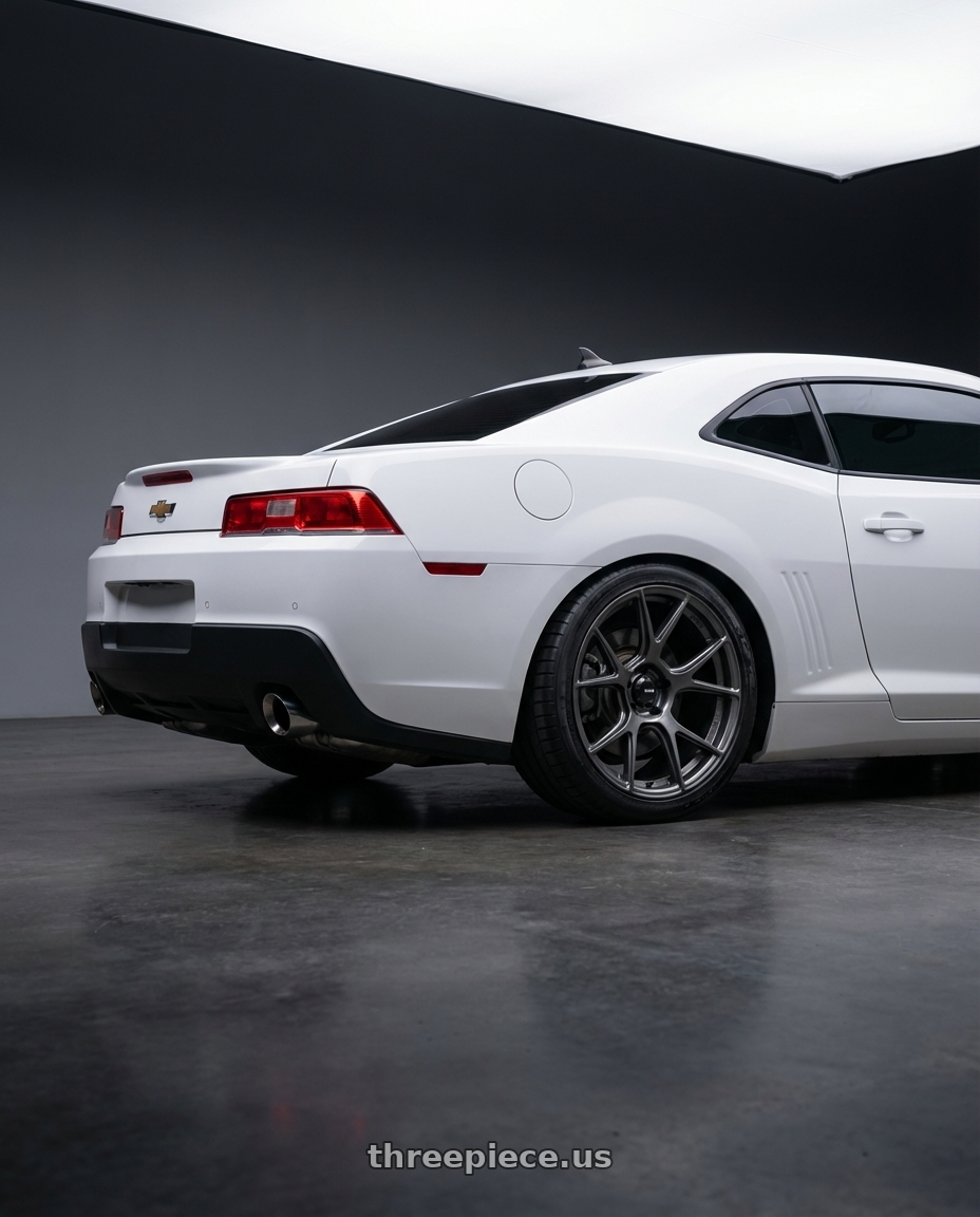 2014 Chevrolet Camaro 5th Gen with Konig Ampliform 5x120 20x8.5+45 Dark Metallic Graphite wheels rear three quarter view square tires
