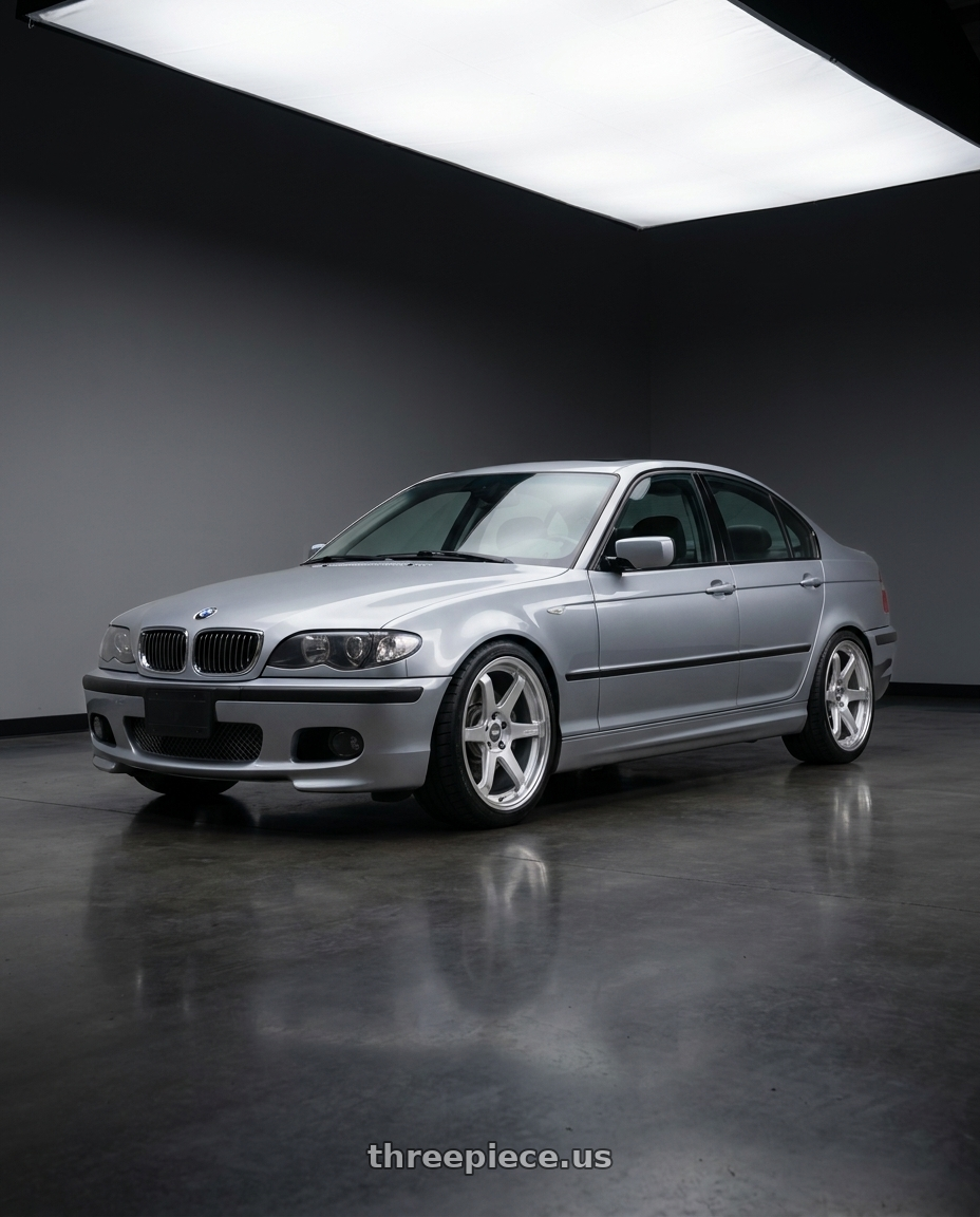 2004 BMW 330i with ESR Wheels APX6 5x120 18x8.5 +35 Hyper Silver Machine Lip wheels front three quarter view lowered stance