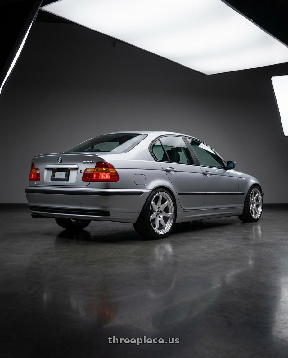 2004 BMW 330i with ESR Wheels APX6 5x120 18x8.5 +35 Hyper Silver Machine Lip wheels rear three quarter view square tires