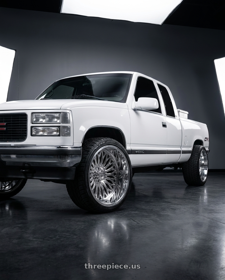 1998 gmc sierra slt white with Amani Napoliano pocketed blank 8x 24x14 -76 Polished wheels