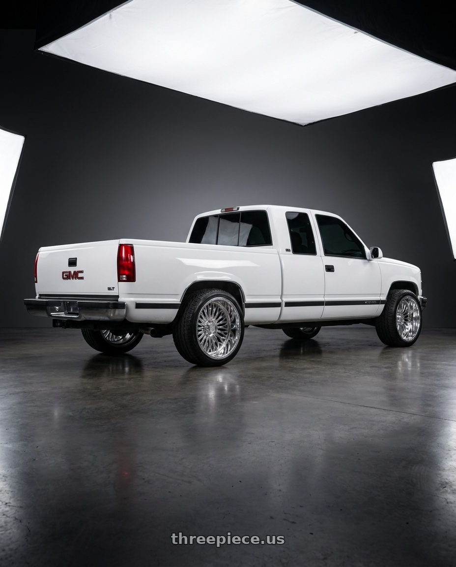 1998 gmc sierra slt white with Amani Napoliano pocketed blank 8x 24x14 -76 Polished wheels rear three quarter view slight stretch tires