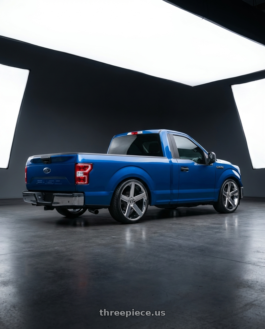 2018 Ford F150 with DUB 1PC S115 BALLER 6X139.7 26X10 +20 CHROME PLATED wheels rear three quarter view extreme stretch tires