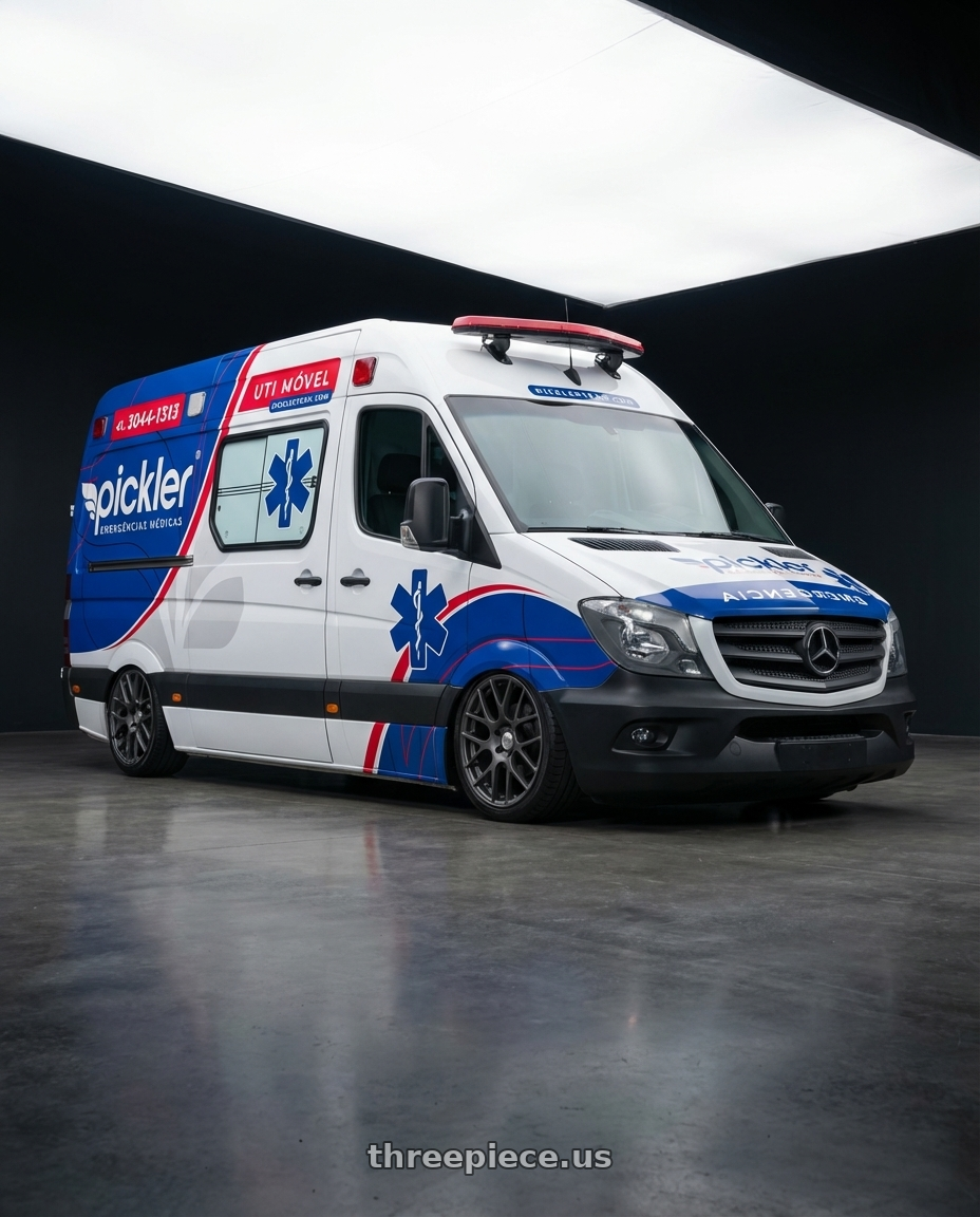 Mercedes-Benz Sprinter 415 CDI 2019 adesivada with TSW NURBURGRING 5X114.3 17X7.5 +45 MATTE GUNMETAL wheels front three quarter view slammed stance