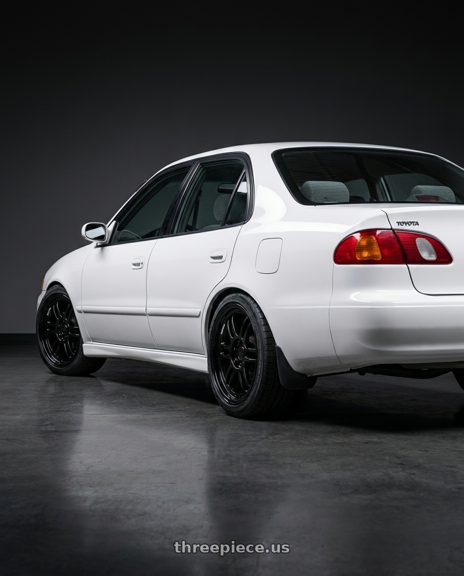 2001 toyota corolla ce with KATANA RACING KR02 4x100/4x114.3 17x7.5 +40 Glossy Black wheels rear three quarter view square tires