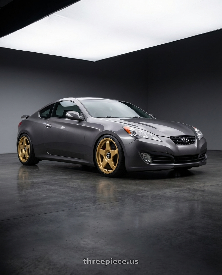 2014 Hyundai Genesis Coupe with fifteen52 CHICANE 5x114.3 / 5x120 19x8.5 +35 GOLD (GLOSS GOLD) wheels front three quarter view lowered stance