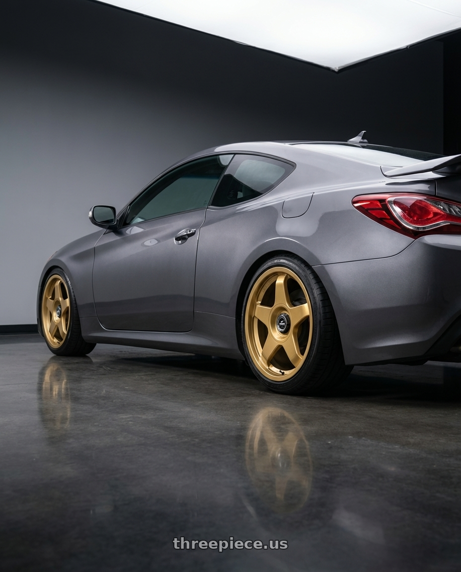 2014 Hyundai Genesis Coupe with fifteen52 CHICANE 5x114.3 / 5x120 19x8.5 +35 GOLD (GLOSS GOLD) wheels rear three quarter view square tires
