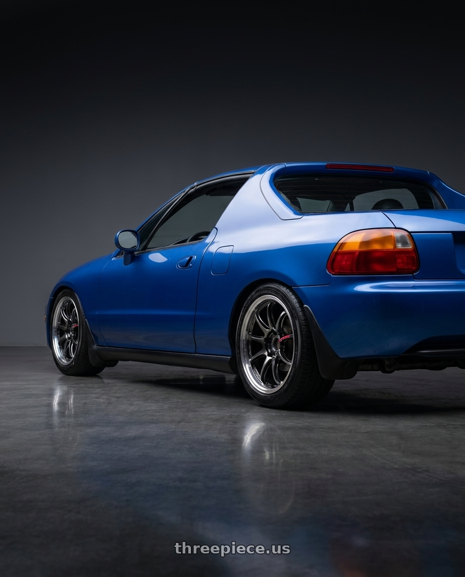 1994 honda de sol with Work Emotion Zr10 4x100 15x6 +38 Glim Black Diamond Rim cut wheels rear three quarter view square tires
