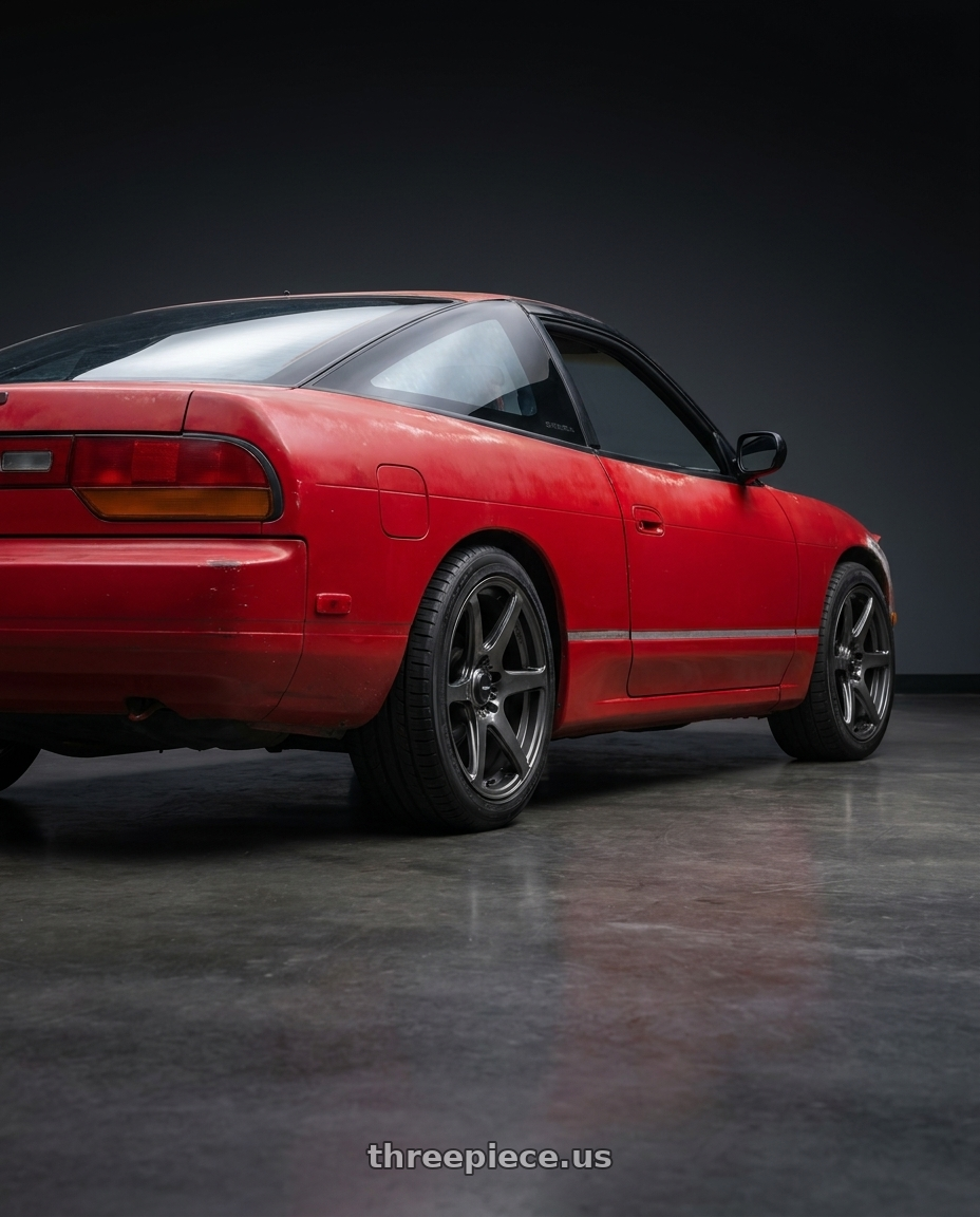1993 nissan 240sx with Konig Tandem 5x112 16x7.5+45 Gloss Graphite wheels rear three quarter view square tires