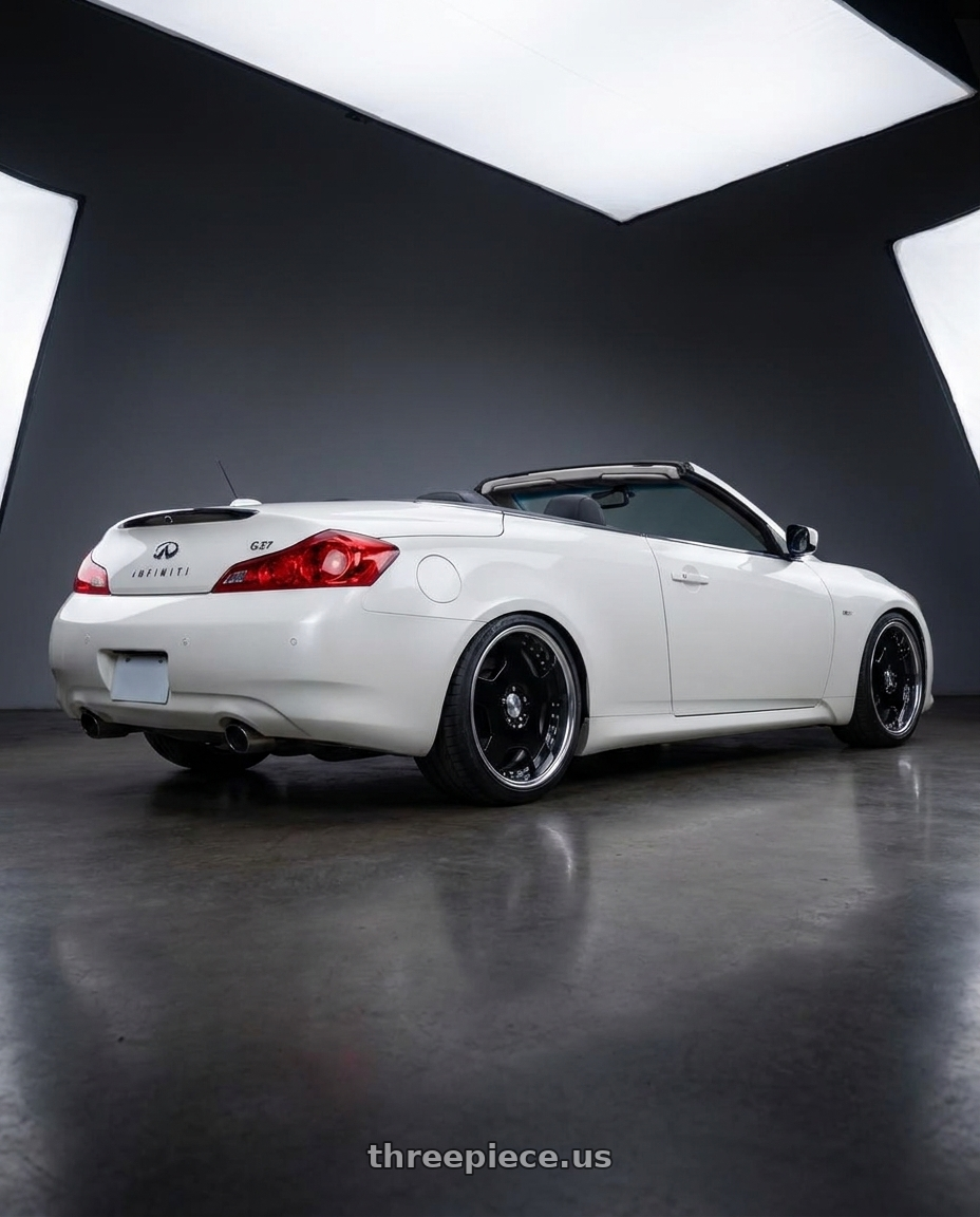 2009 Infiniti G37 convertible with Work Lanvec Ld1 5x114.3 19x9.5+45 A Disk Black wheels rear three quarter view square tires