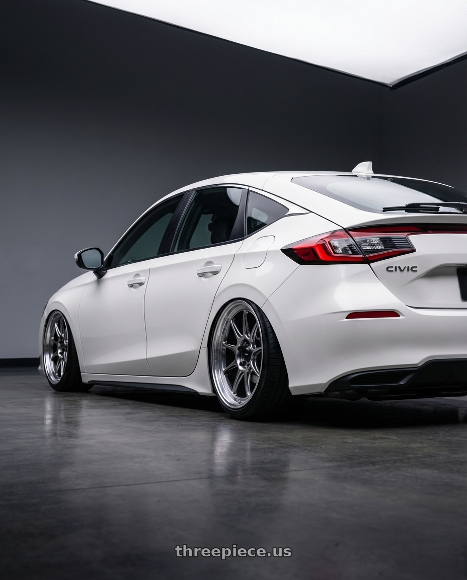 2024 Honda Civic with Konig Countergram 5x114.3 19x11+18 Hyper Chrome / Machined Lip wheels rear three quarter view slight stretch tires