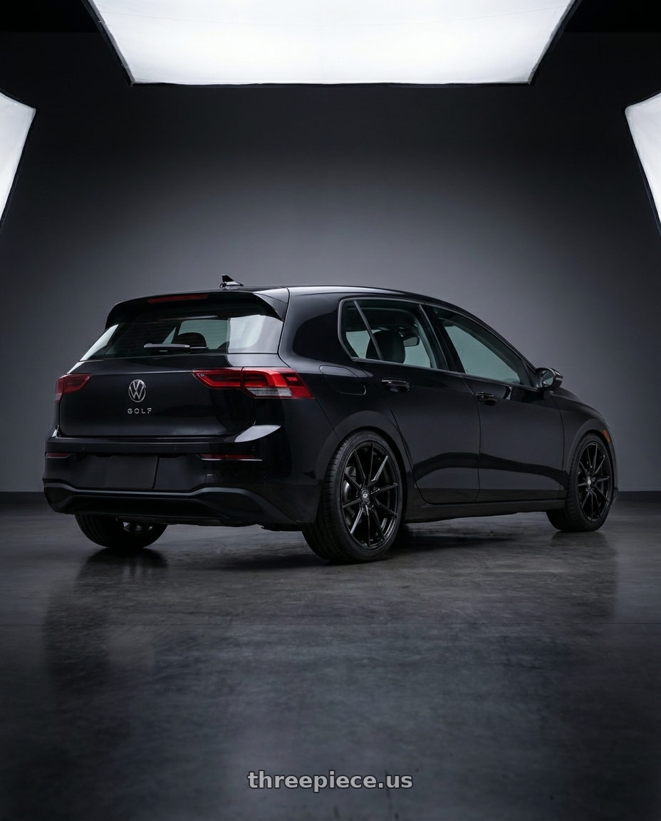 2025 Vw Golf with MST Wheels DELTA 5X112 18X8.5 +43 Glossy Black wheels rear three quarter view square tires