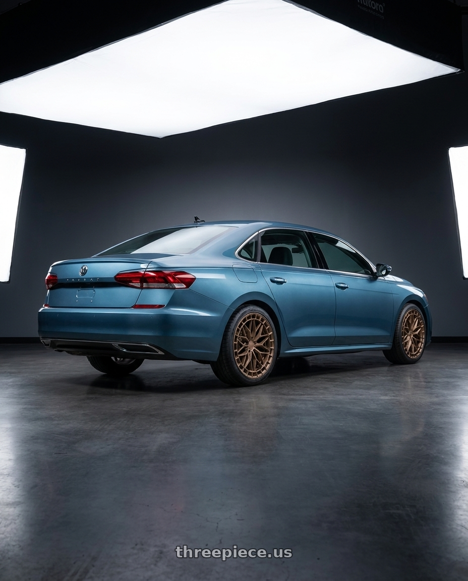 2022 Volkswagen Passat B8.5 3G R-Line, Aquamarine Blue Metallic with KATANA RACING KR12 5x112 20x8.5 +40 Matte Bronze wheels rear three quarter view square tires