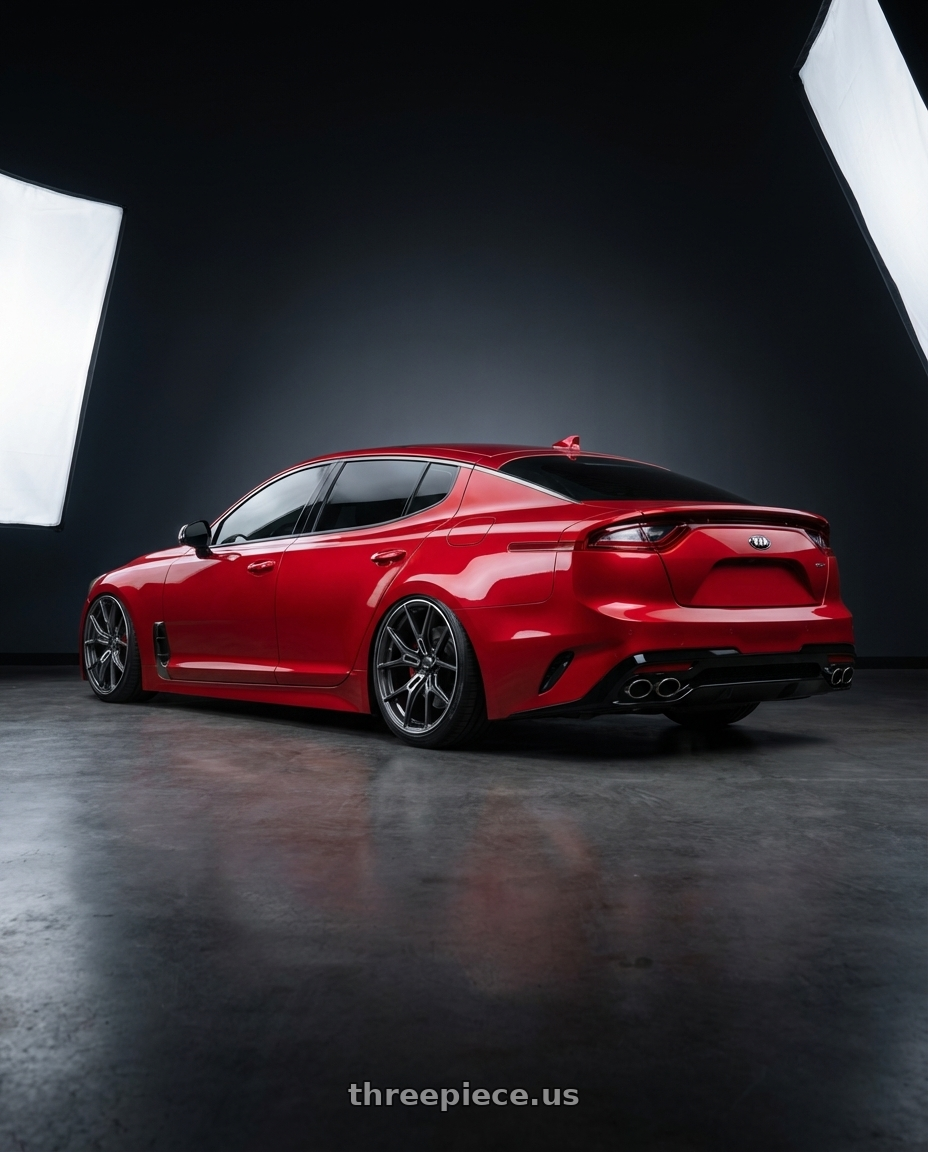 2022 Kia Stinger GT with Gram Lights 57FXZ 5x114.3 19x10.5+20 Super Dark Gunmetal / Machining Rim Edge DC wheels rear three quarter view slight stretch tires