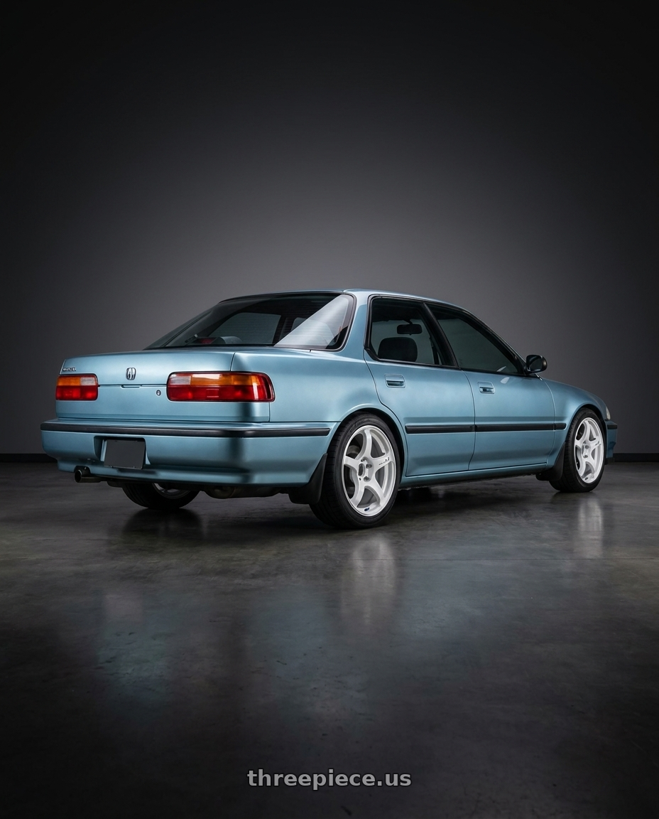 1990 Acura integra with Advan Racing TC4 4x100 17x7.0 +42 RACING WHITE METALLIC & RING wheels rear three quarter view square tires