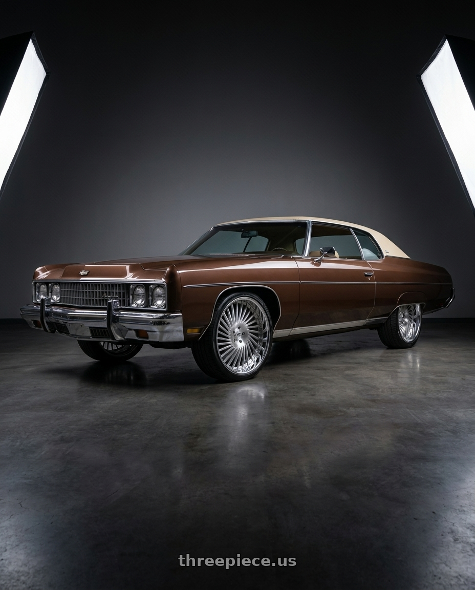1973 Chevrolet Impala fitted with Amani Chile 5x112/5X114.3 22x10 +38 Brush Center Chrome Lip $1249 wheels