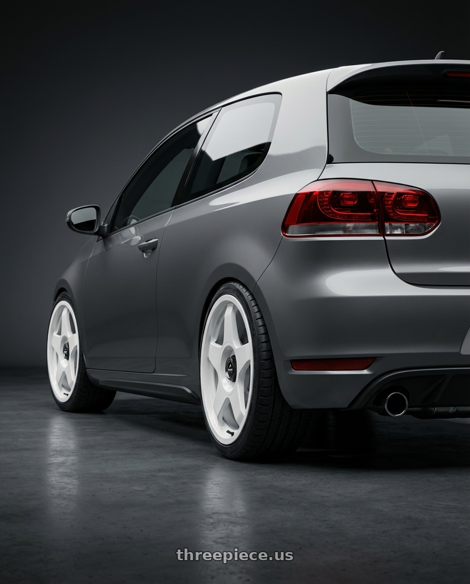 2013 Volkswagen GTI MK6 with fifteen52 CHICANE 5x112 / 5x120 18x8.5 +35 RALLY WHITE (GLOSS WHITE) wheels rear three quarter view square tires