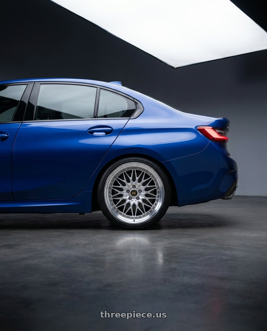 2022 bmw 330i xdrive with Work Vs-Xv 5x112 18x8.5+8 A Disk Silky Rich Silver wheels rear three quarter view square tires