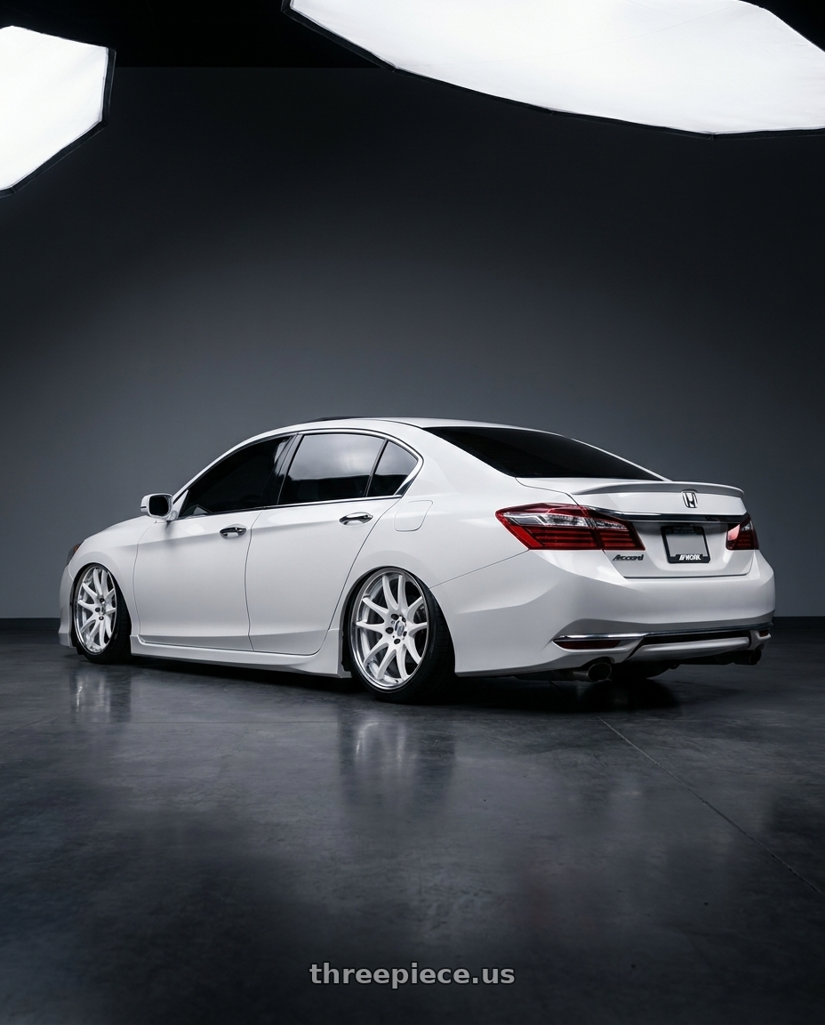 2016 Honda accord with Work Cr 2P 5x114.3 18x9.5 +12 Gloss White wheels rear three quarter view square tires