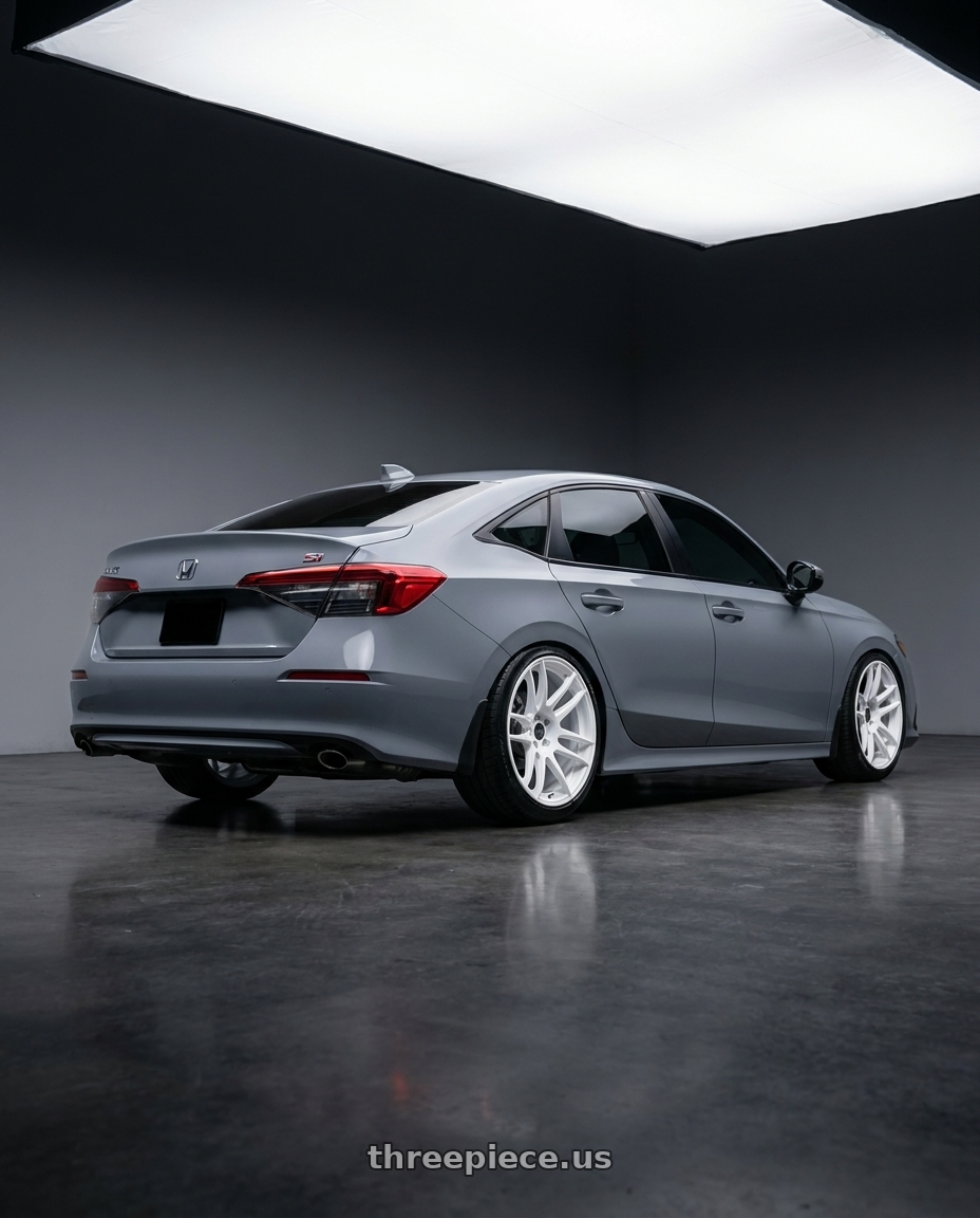 2026 Honda civic si with ESR Wheels CS SERIES CS8 5x100 18x8.5 +30 Gloss White wheels rear three quarter view slight stretch tires