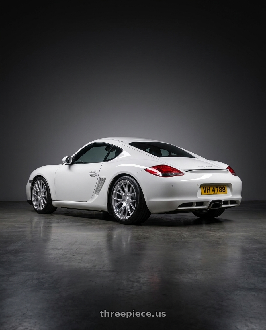 2010 Porsche Cayman 987 2 with Avant Garde Wheels M410 BLANK 19x8.5 +BLANK Hyper Silver wheels rear three quarter view slight stretch tires