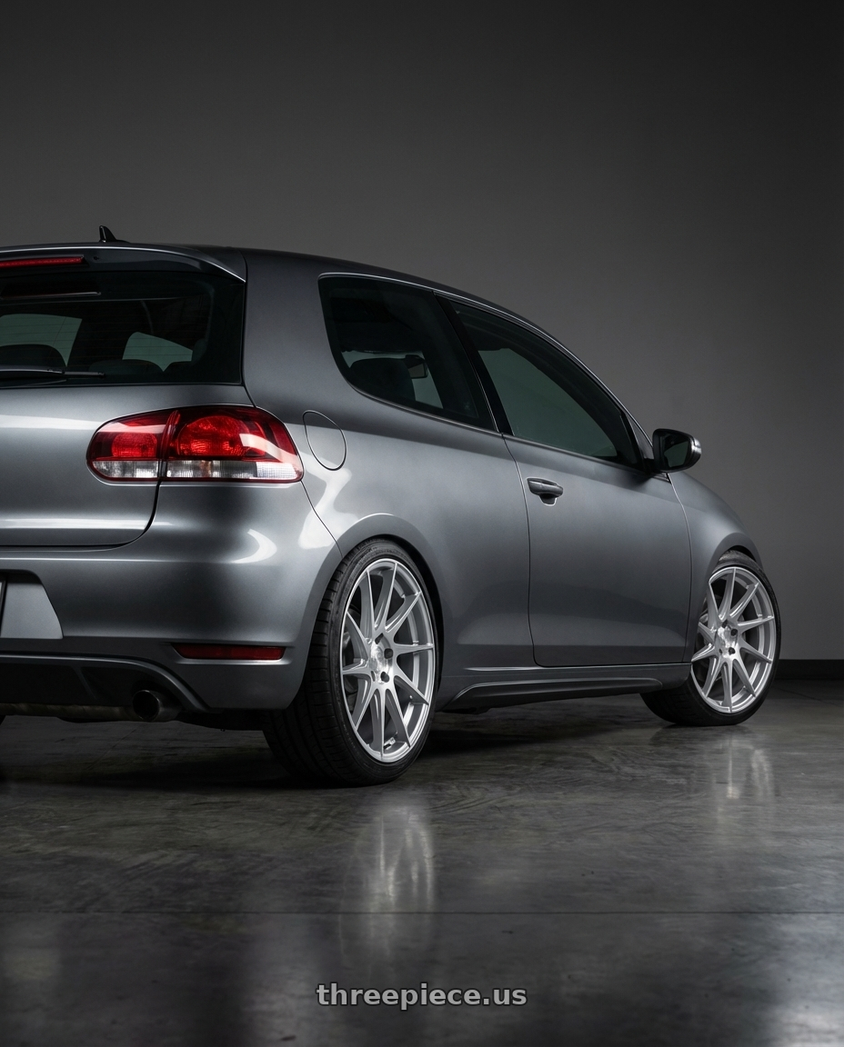 2013 Volkswagen GTI MK6 with Aodhan AH09 5x112 18x9.5 +35 Gloss Silver Machined Face wheels rear three quarter view square tires