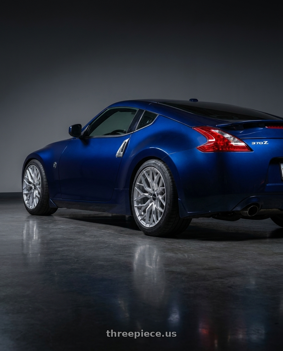 2016 Nissan 370z with F1R FS3 5x114 19x8.5 +35 Machine Silver wheels rear three quarter view meaty tires