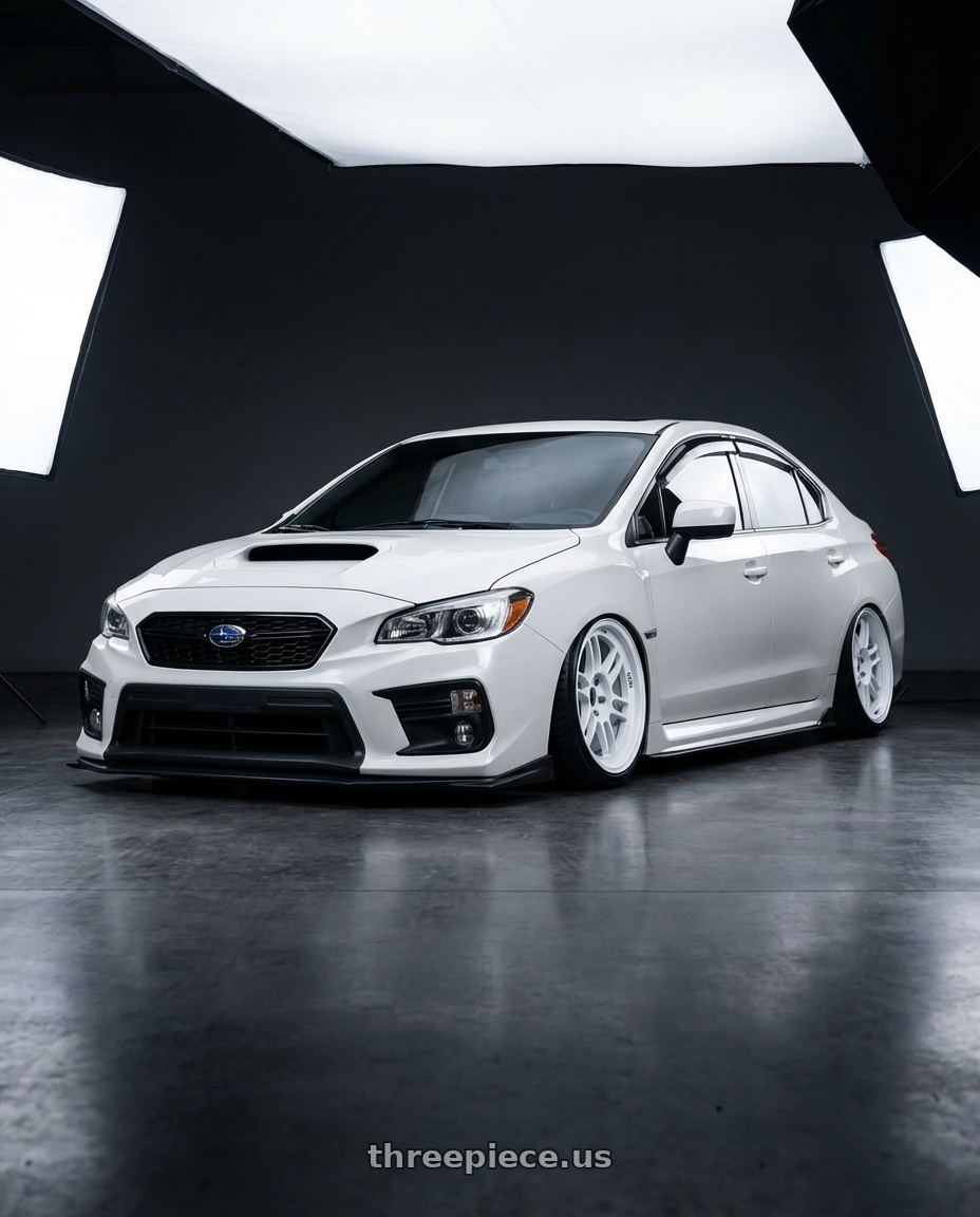 2015 Subaru wrx  with Enkei RPF1 5x114.3 18x9.5+38 Vanquish White wheels front three quarter view stanced stance