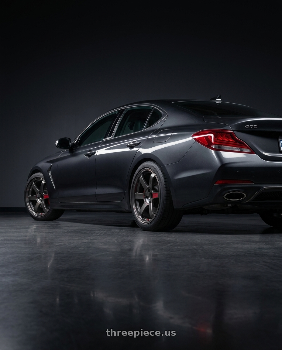 2019 Genesis G70 with Volk Racing TE37 Saga SL 5x114.3 18x8.5+45 Pressed Graphite wheels rear three quarter view square tires