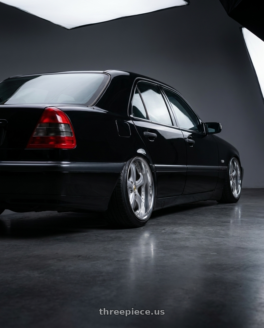 1996 mercedes-benz c280 base black with Work Wheels VS-KF 5x112 18x10+28 Light Grey Silver A Disk FULL REVERSE wheels rear three quarter view extreme stretch tires