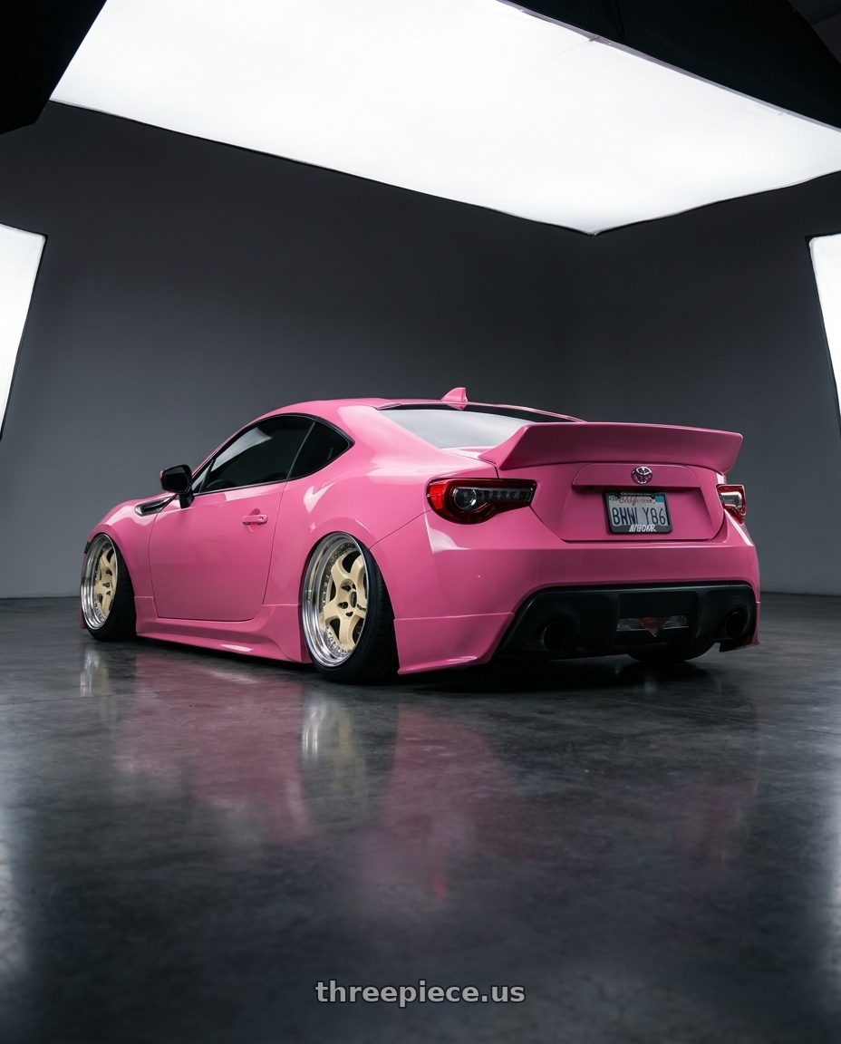 2018 Toyota 86  with Work Meister S1 3P 5x100 18x9.5+35 L Disk Bright Buff Finish wheels rear three quarter view square tires