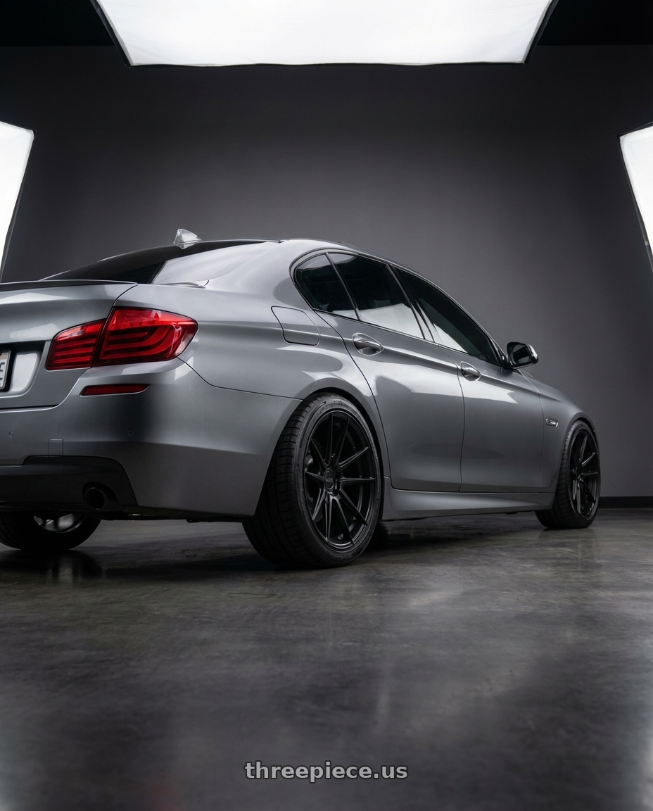 2016 BMW 5 Series F10 with Niche 1PC M117 MISANO 5X120 19X8.5 +35 MATTE BLACK wheels rear three quarter view square tires