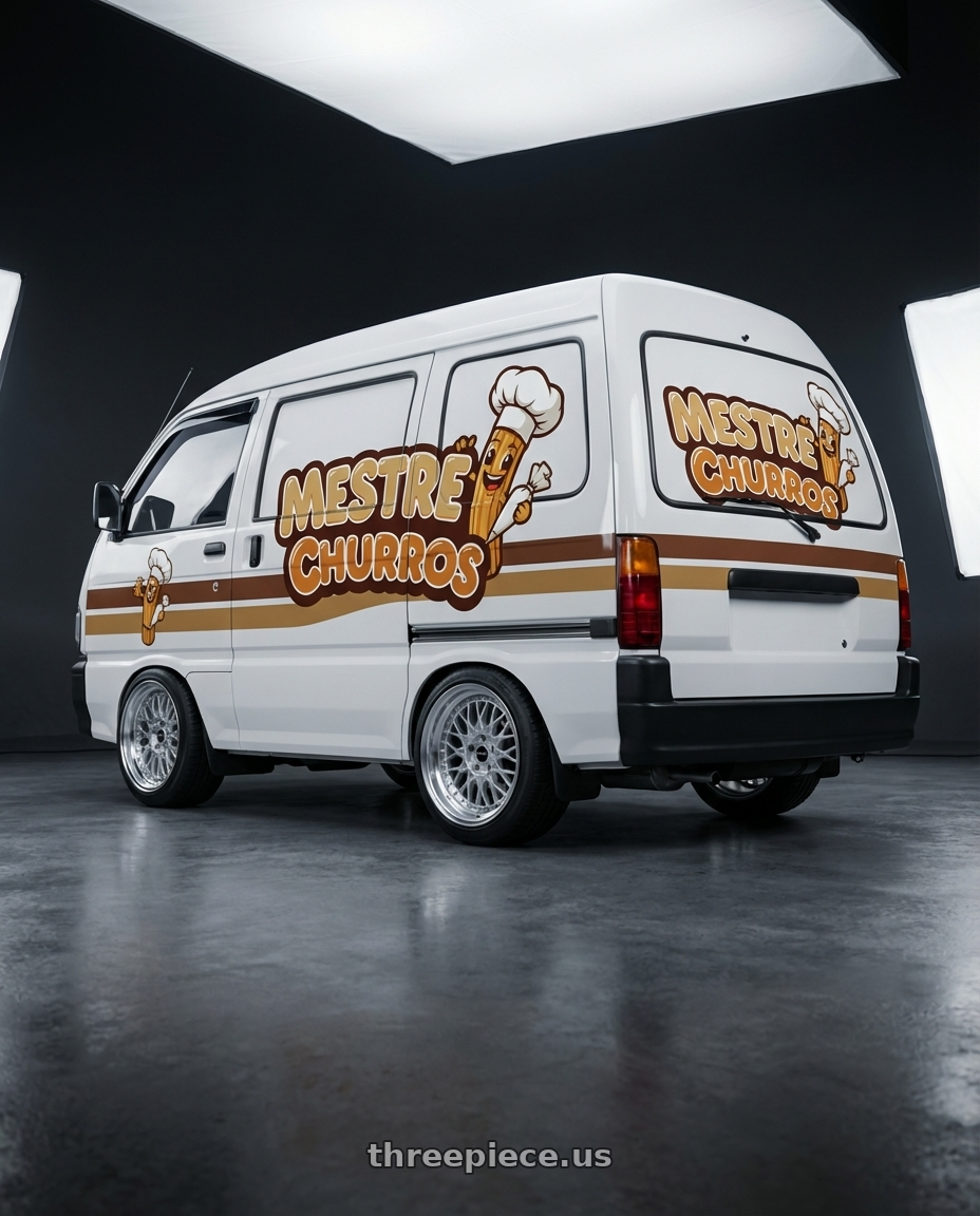 towner  cargo 1997  adesivada churros, com logomarca no capô e atrás acompanhando as faixa with ARC AR1 5x120 17x8.5  +35 Silver Machine Face Lip Chrome Rivet wheels rear three quarter view square tires