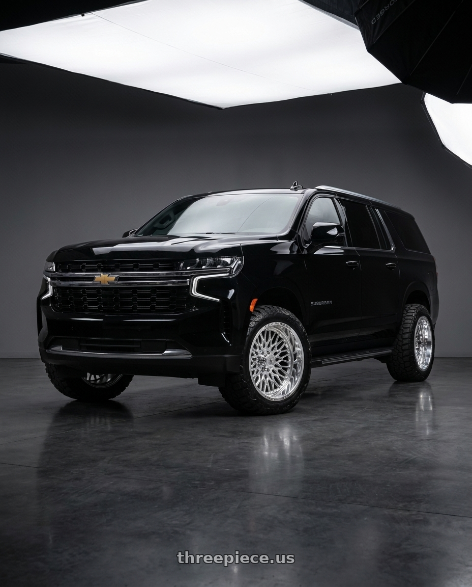 2021 CHEVY SUBURBAN with AXE WHEELS AF15 Touch 8x180 24x12 -44 Fully Polished wheels