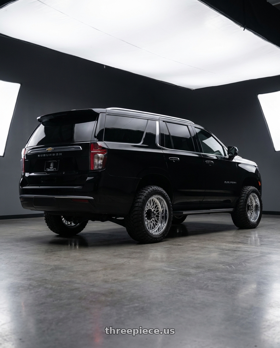 2021 CHEVY SUBURBAN with AXE WHEELS AF15 Touch 8x180 24x12 -44 Fully Polished wheels rear three quarter view meaty tires