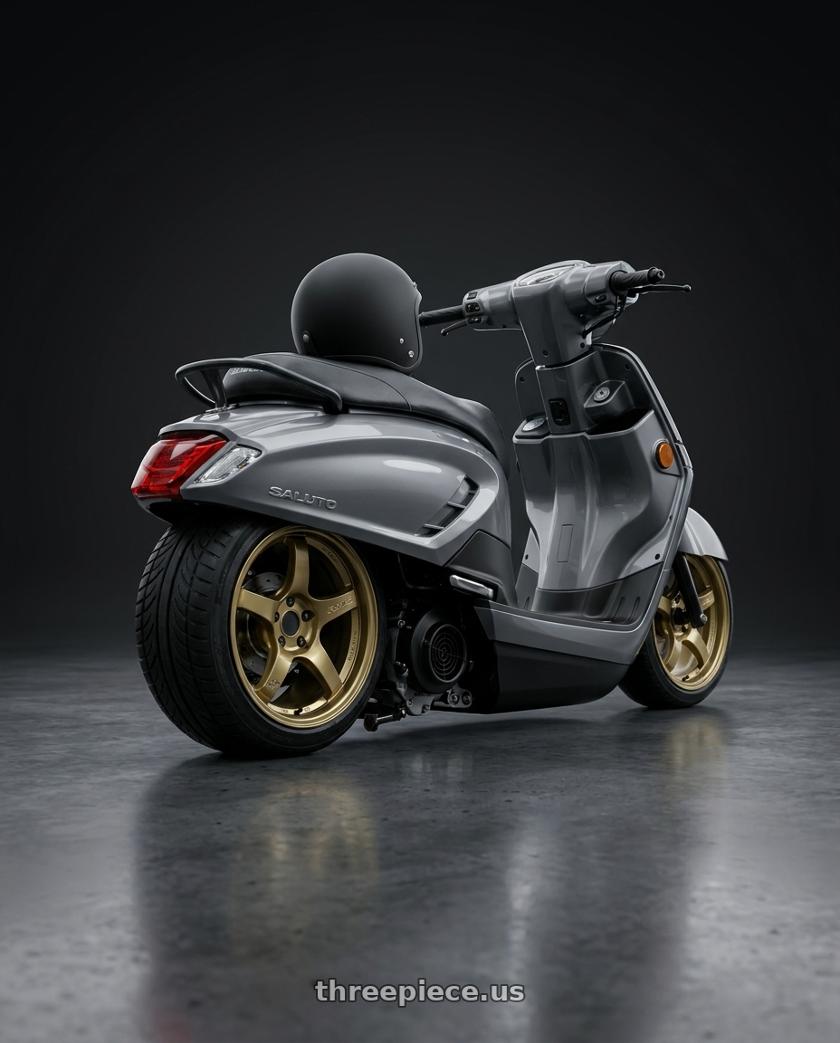 2025 Suzuki saluto with Gram Lights 57CR 5x114.3 18x9.5 +38 Almite Gold wheels rear three quarter view square tires