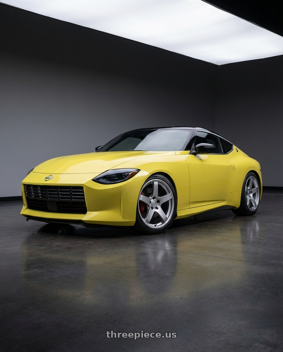 2024 Nissan Z with Ssr Gtv01 5x114.3 19x8.5+38  GLARE SILVER wheels front three quarter view lowered stance