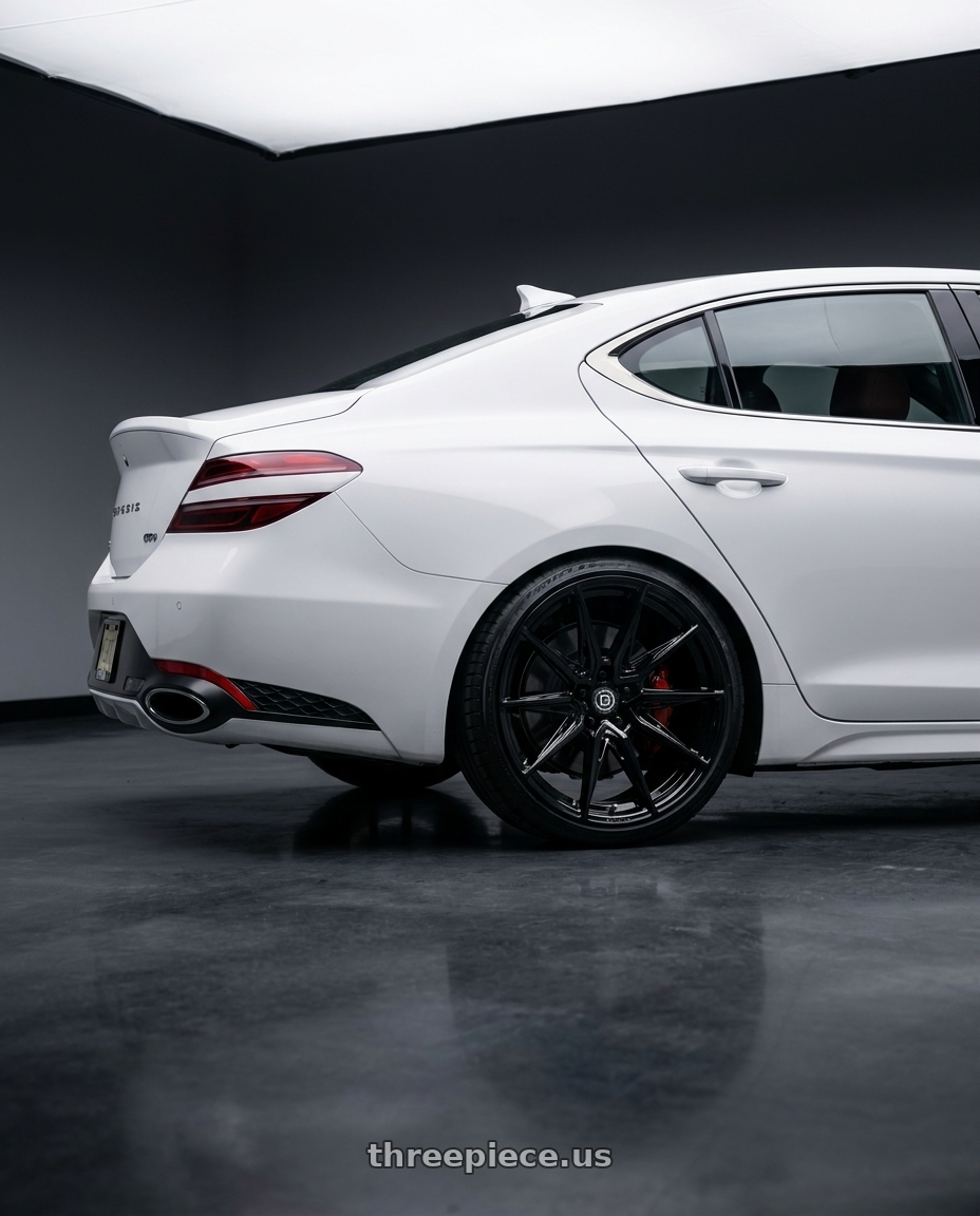 2022 Genesis G70 with Brada Wheels CX2 5x112 19x10 +25 Gloss Black wheels rear three quarter view slight stretch tires