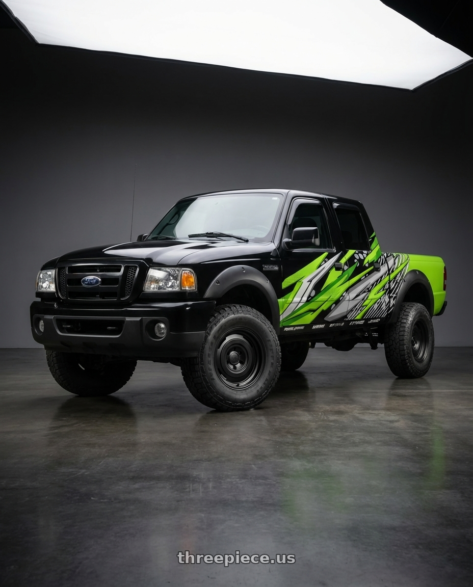 ranger cabine dupla 2005 adesivada ( apenas a tampa traseira é verde limão )  with fifteen52 ANALOG HD 5x150 17x8.5 +0 ASPHALT BLACK (SATIN BLACK) wheels front three quarter view lifted stance