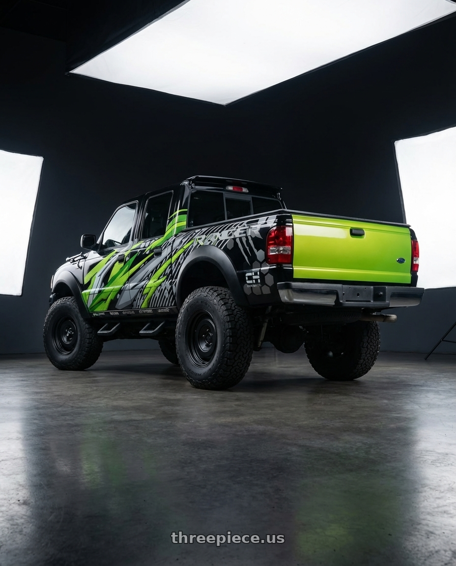 ranger cabine dupla 2005 adesivada ( apenas a tampa traseira é verde limão )  with fifteen52 ANALOG HD 5x150 17x8.5 +0 ASPHALT BLACK (SATIN BLACK) wheels rear three quarter view slight stretch tires