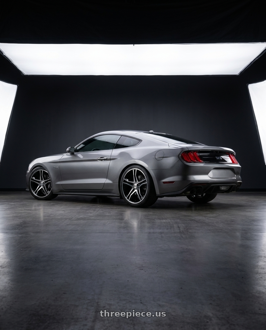 2021 Ford Mustang GT with American Racing AR893 MAINLINE 5x114.3 20x8.5 +35 GLOSS BLACK MACHINED wheels rear three quarter view square tires