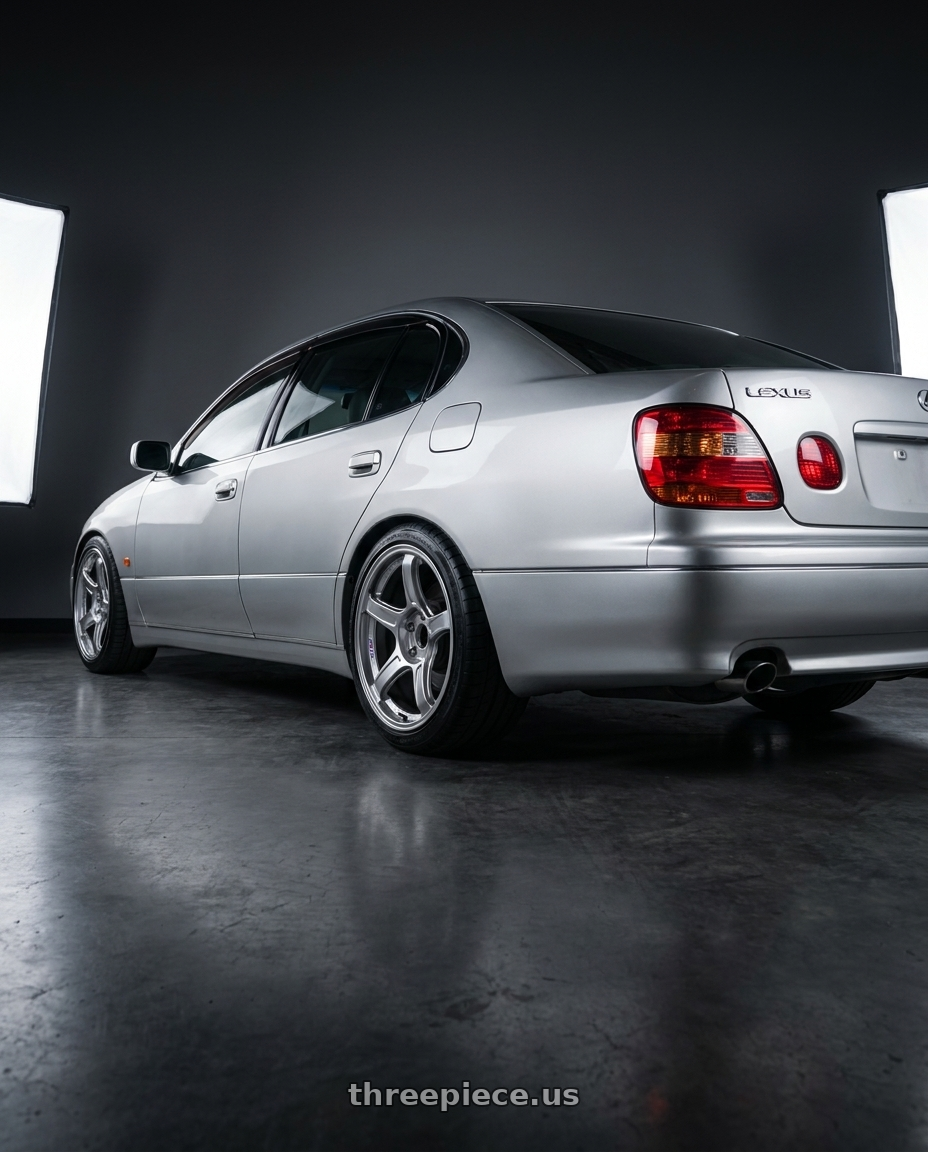 2001 lexus gs300 with Ssr Gtx03 5x114.3 18x9.5+38  PLATINUM SILVER wheels rear three quarter view square tires