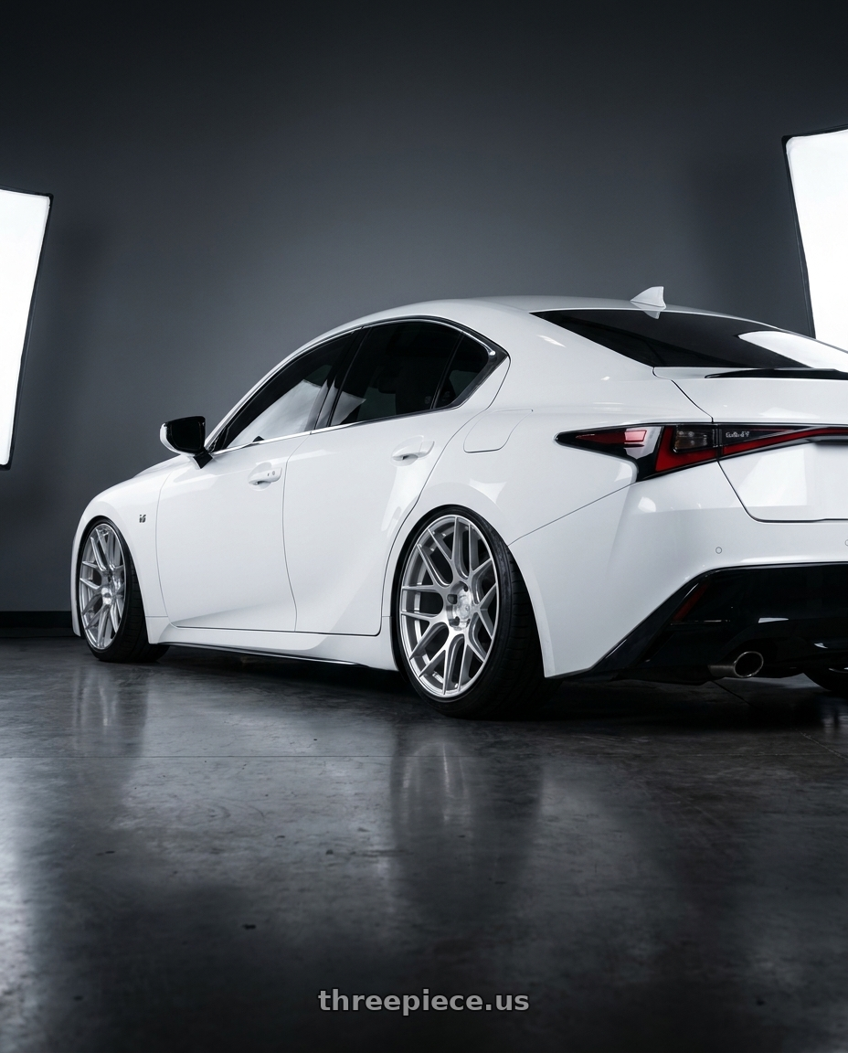 2024 Lexus IS 350 with Aodhan AFF2 5x114.3 19x9.5+35 Gloss Silver Machined Face wheels rear three quarter view slight stretch tires
